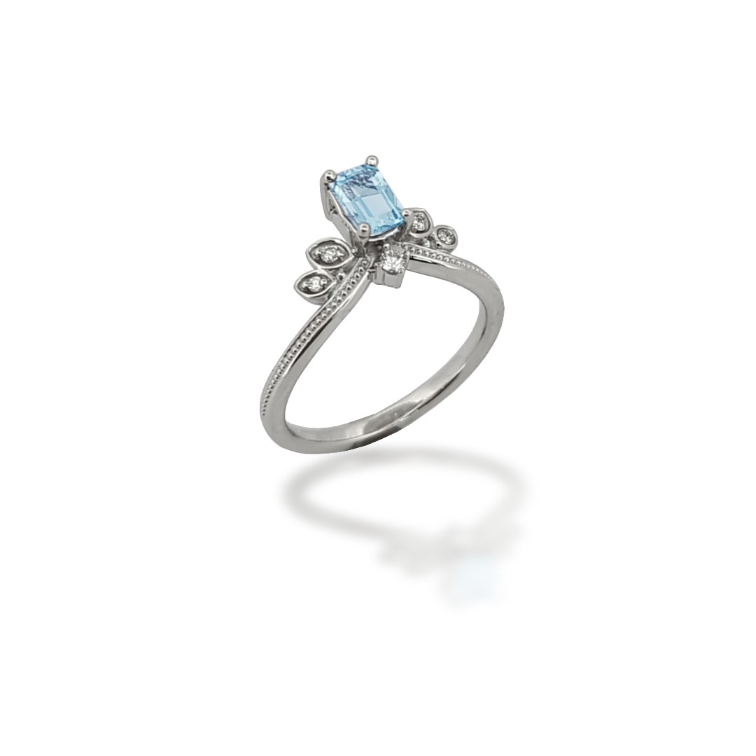 GB Jewelers Design Emerald-Cut Aquamarine & Diamond Ring
